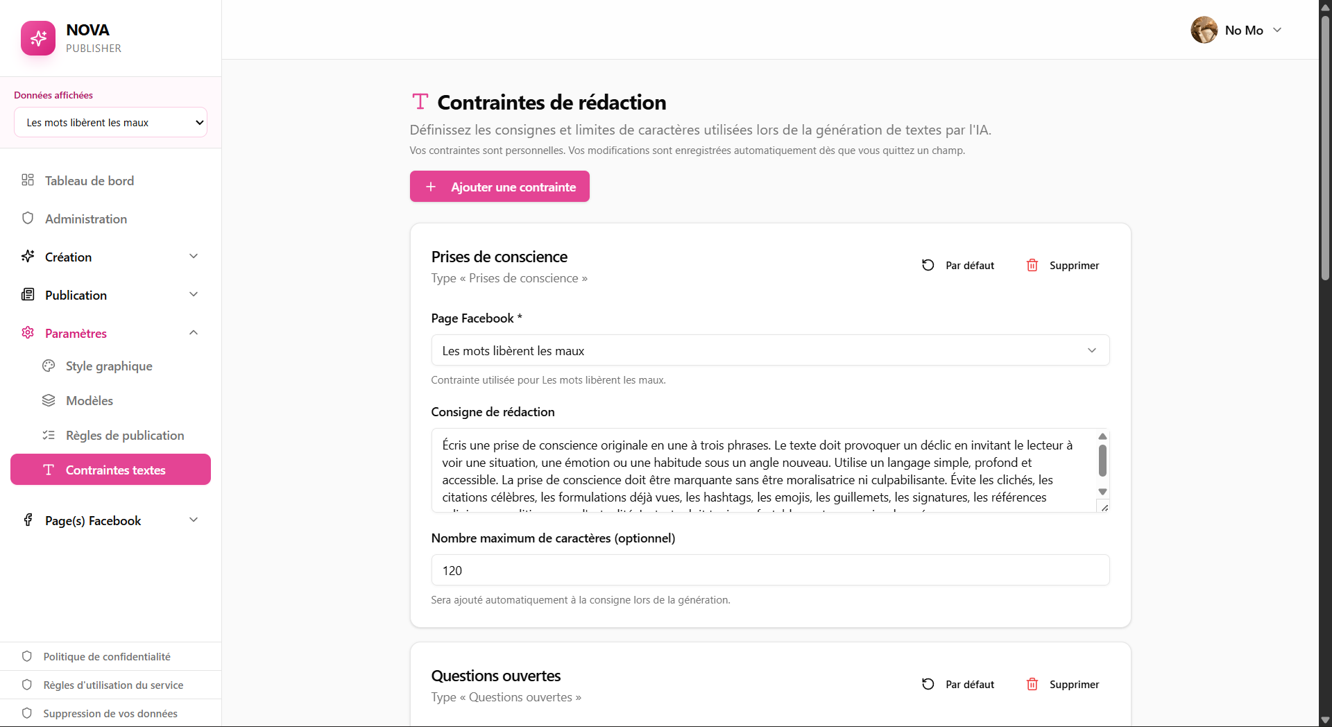 Définissez la façon dont Nova doit écrire. Configuration des contraintes de rédaction