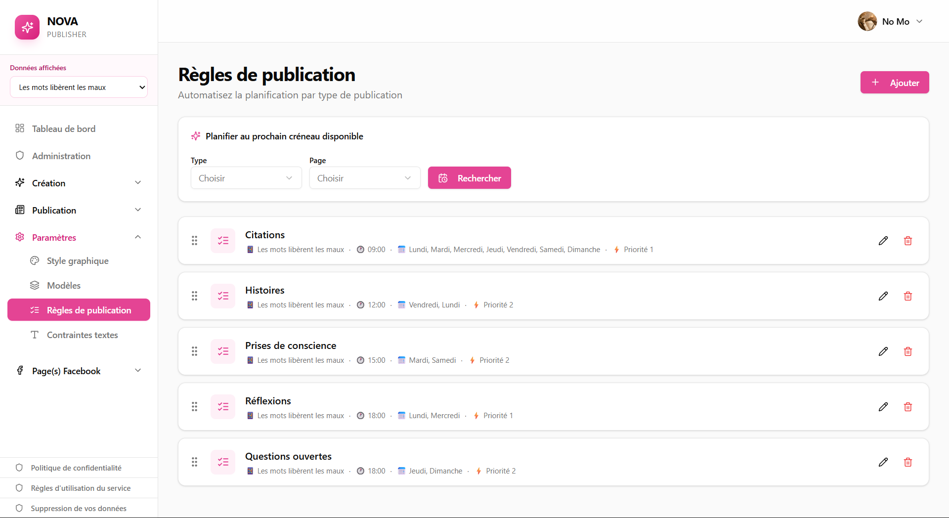 Indiquez à Nova quand et quoi publier. Configuration des règles de publication